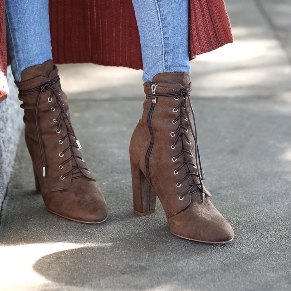 SORAKA TAUPE SUEDE LACE-UP MID-CALF BOOTIES